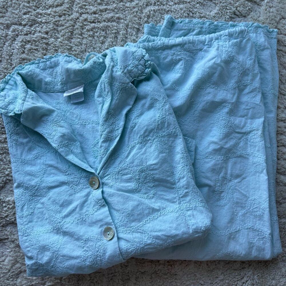 Kiyomi Sleepwear Womens Large Pajama Set 2 Piece Top Pants Embroidered Blue